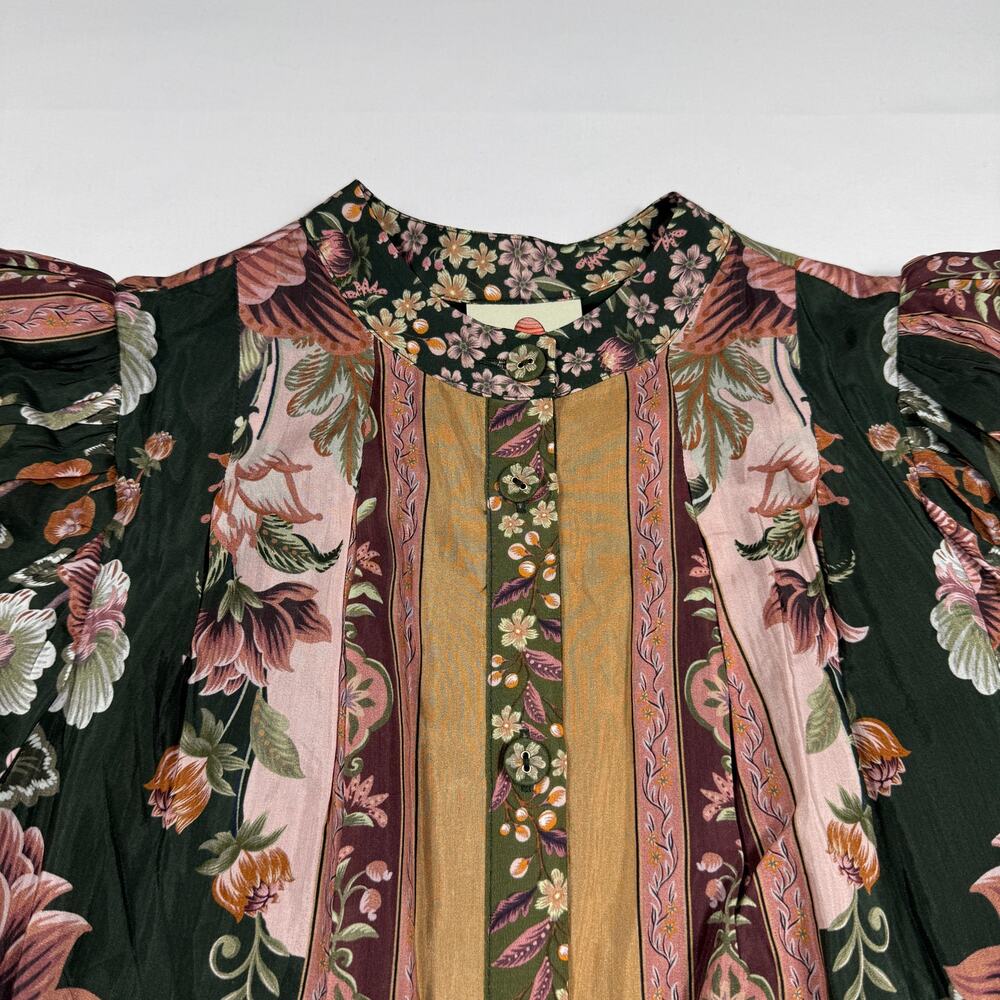 NWT FARM Rio Flowering Garden Tree Green XS Mini Dress puff sleeves ruffled hem - Picture 3 of 15